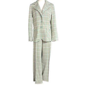 Vintage 70s Houndstooth Leisure Suit Women Jacket Pant Polyester Mod Disco